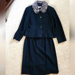 90s Vtg KTF Nanny Sabrina Carpenter Wool Suit Skirt Faux Fur Leopard Collar 10